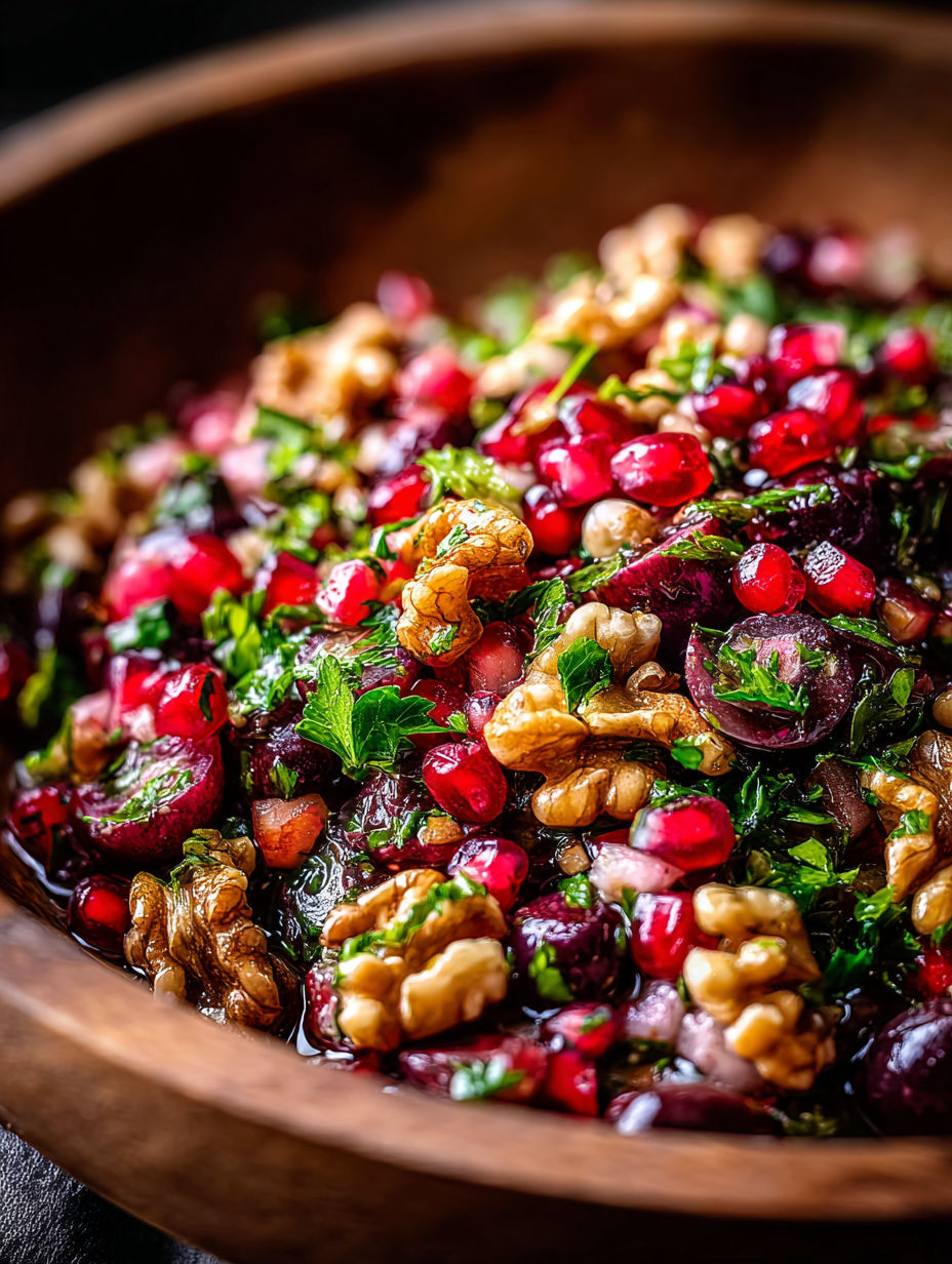 Plano cercano de un bol con comida y una nuez encima.