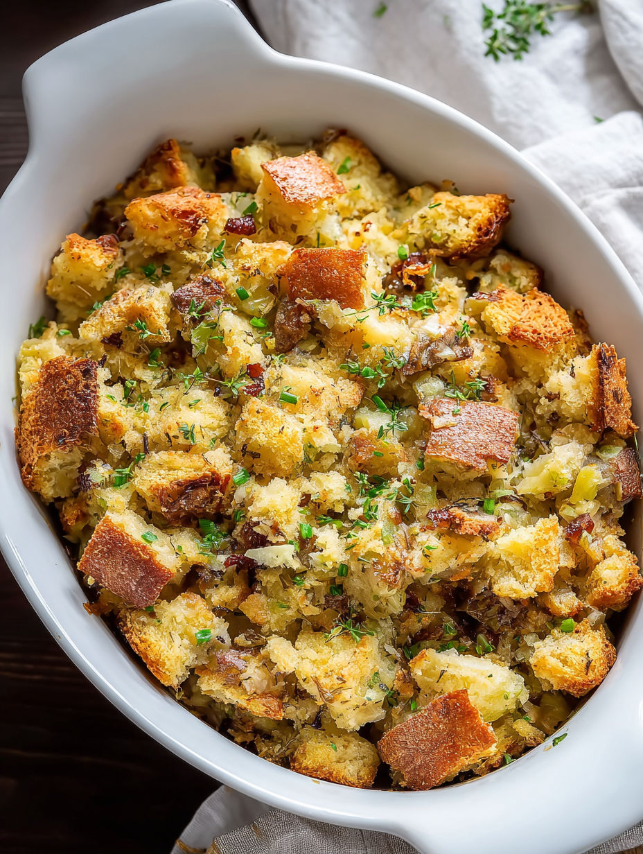 Un tazón blanco con relleno de papas estilo Amish.