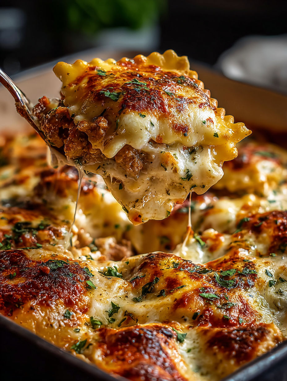 Una cuchara dentro de una cazuela llena de pasta con carne.