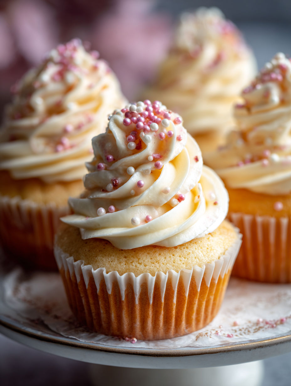 Tres cupcakes con crema blanca y chispas rosas.