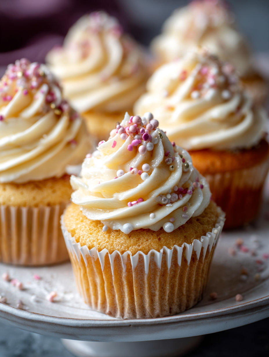 Tres cupcakes con crema blanca y chispas rosas.