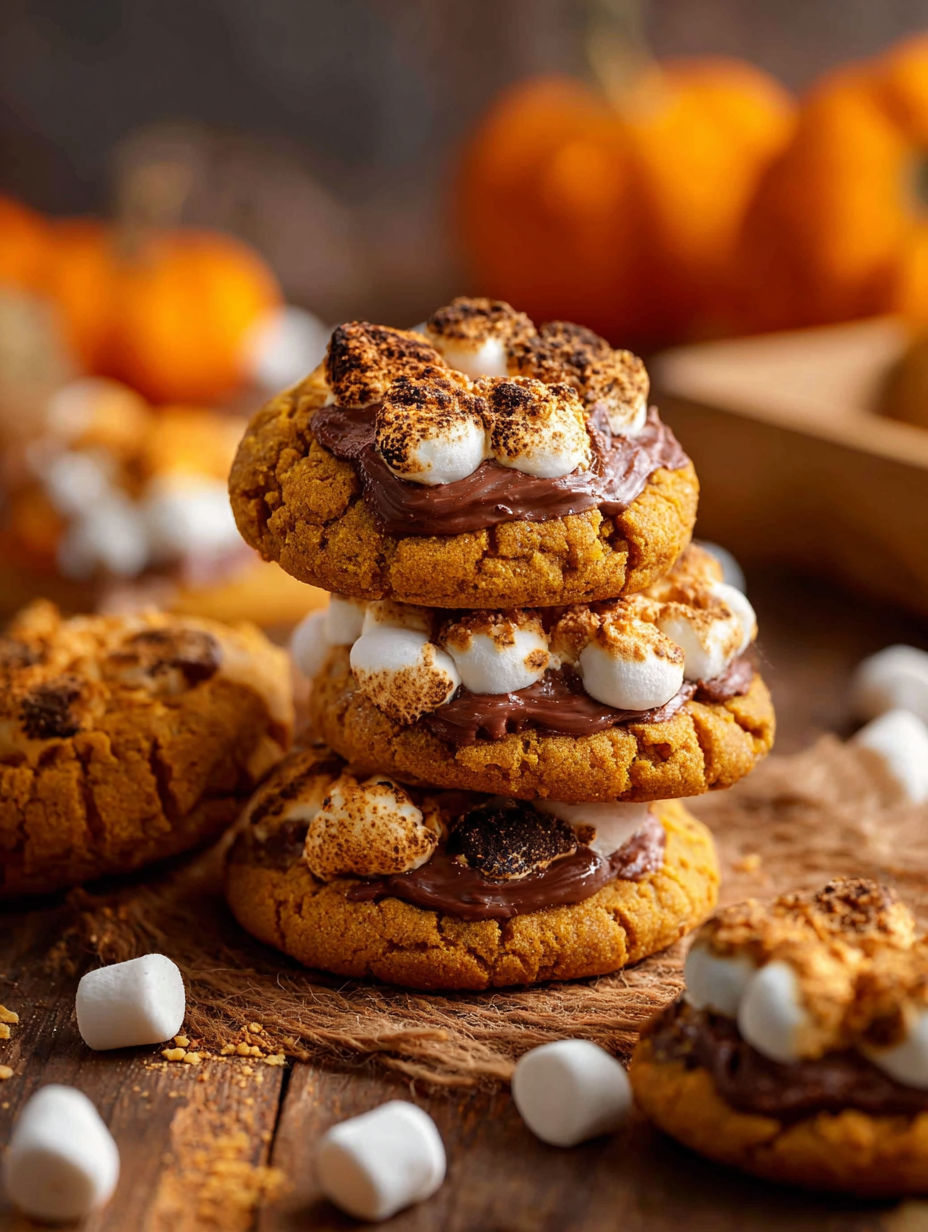 Galletas de calabaza con s'mores apiladas en una mesa.
