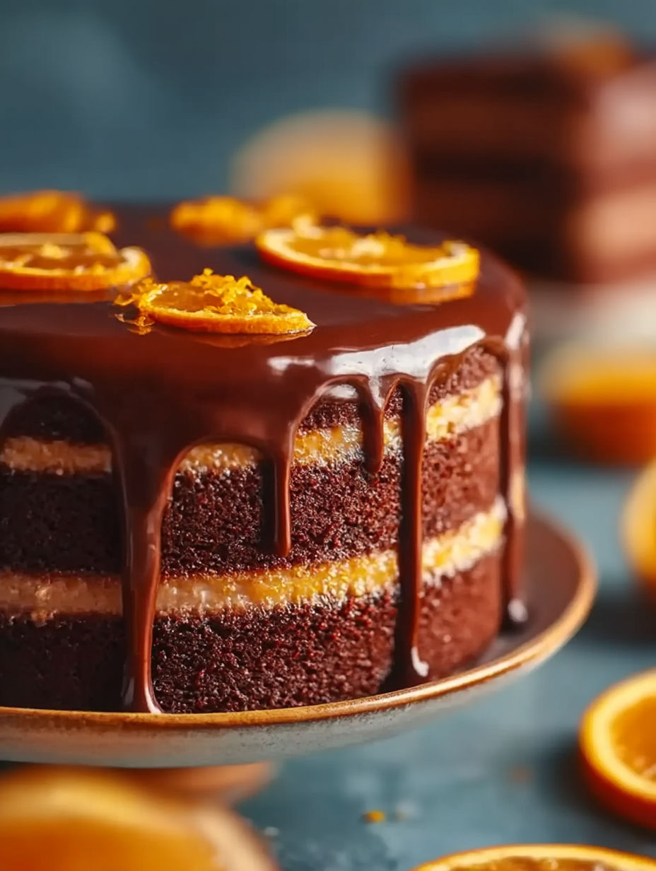 Pastel de capas de naranja y chocolate con ganache.