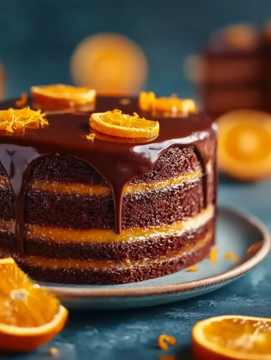 Pastel de capas de naranja y chocolate con ganache.