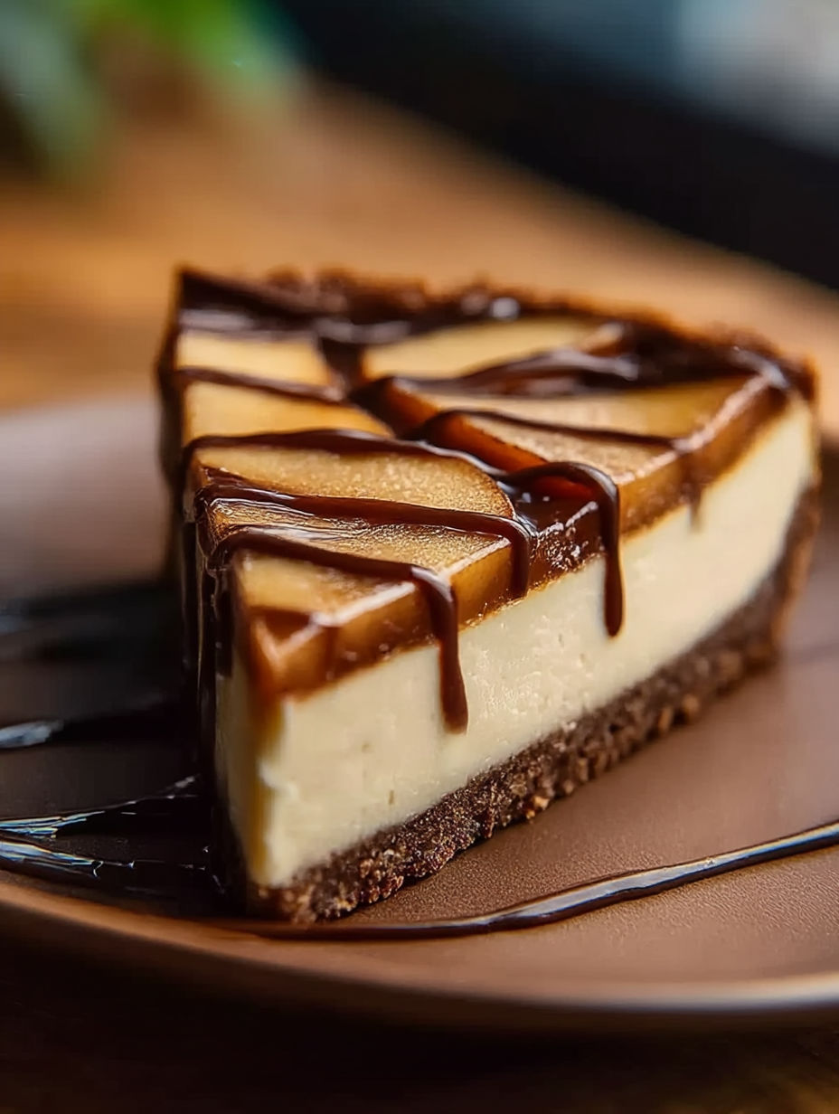 Una porción de cheesecake con manteca de manzana y un poco de chocolate encima.