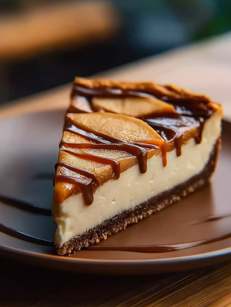Una rebanada de cheesecake con caramelo encima.