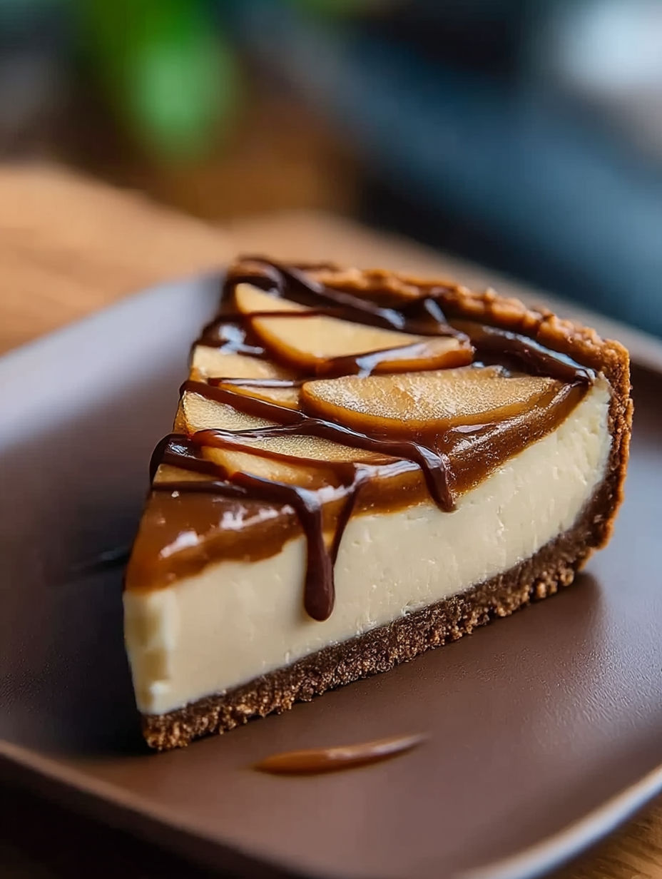 Una rebanada de cheesecake con caramelo encima.