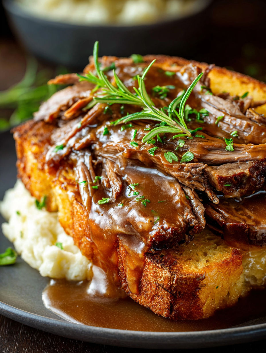 Vista cercana de un sándwich de carne estilo Manhattan.