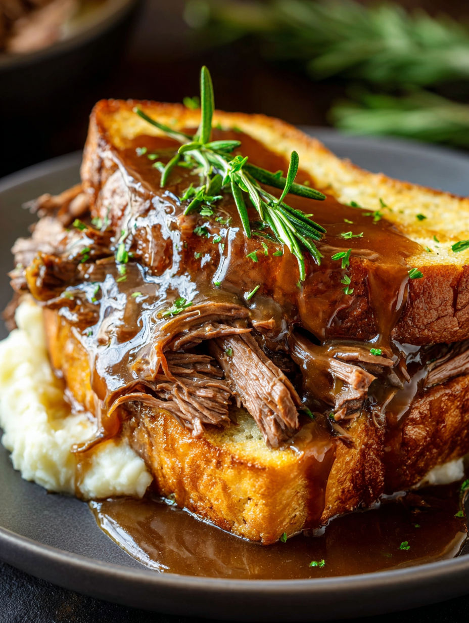 Primer plano de un sándwich Manhattan de carne.