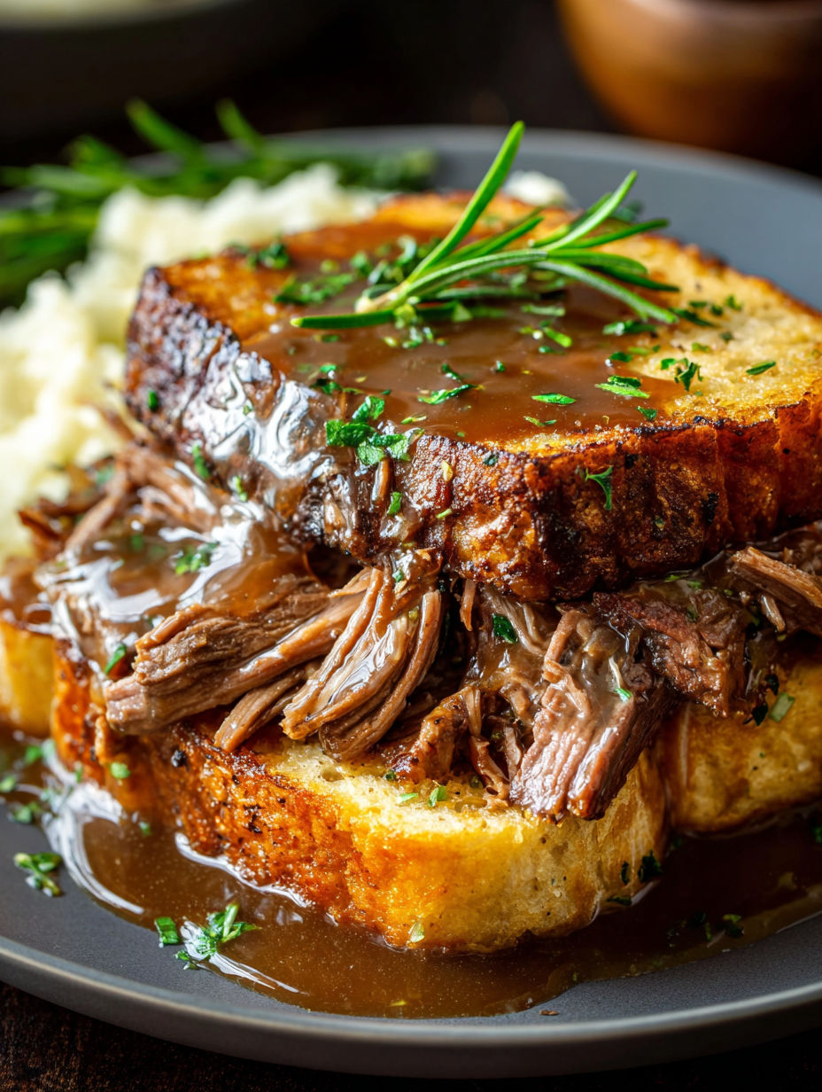 Primer plano de un sándwich Manhattan de carne.