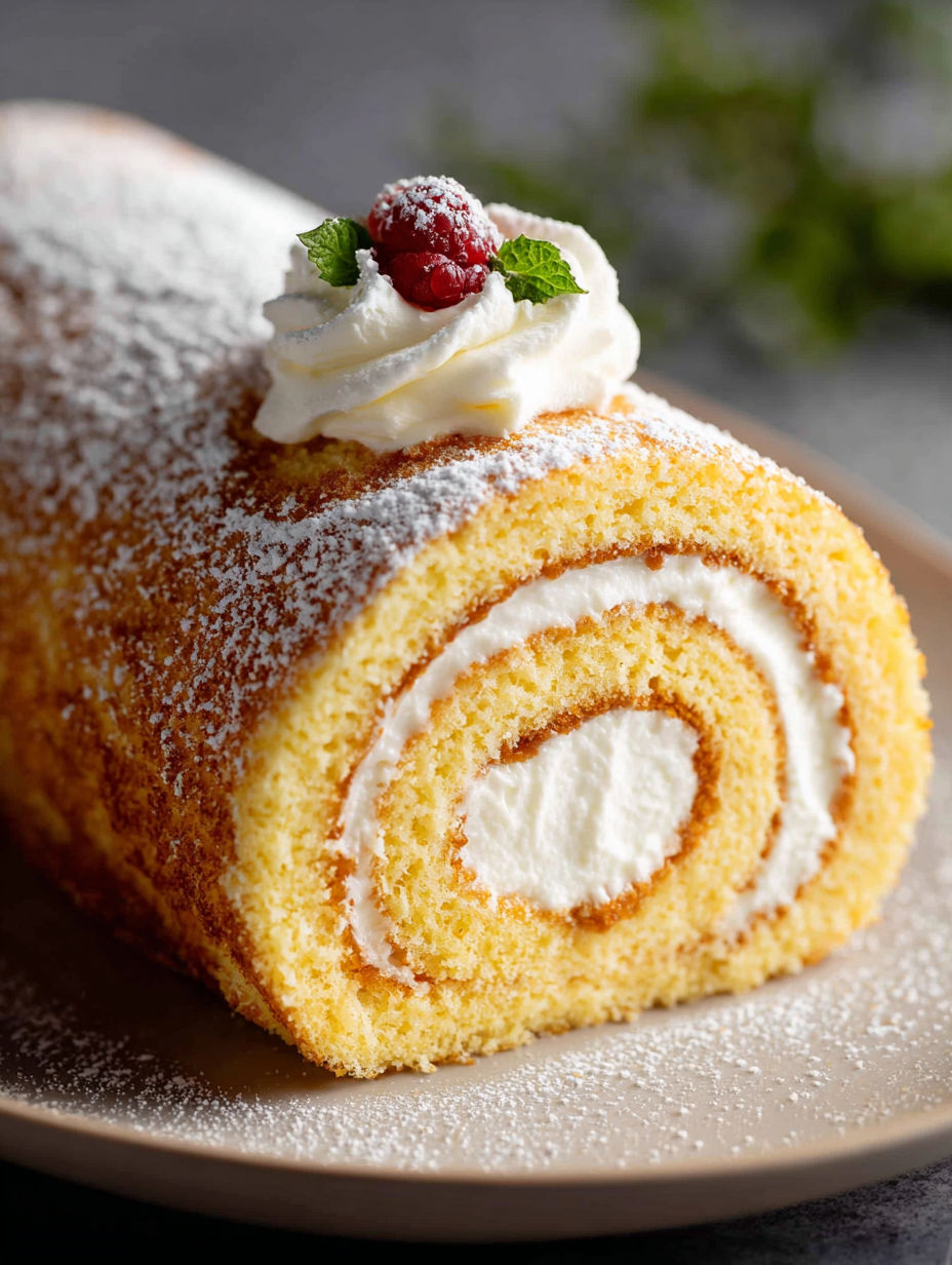Brazo de gitano de vainilla con crema blanca y una frambuesa encima.