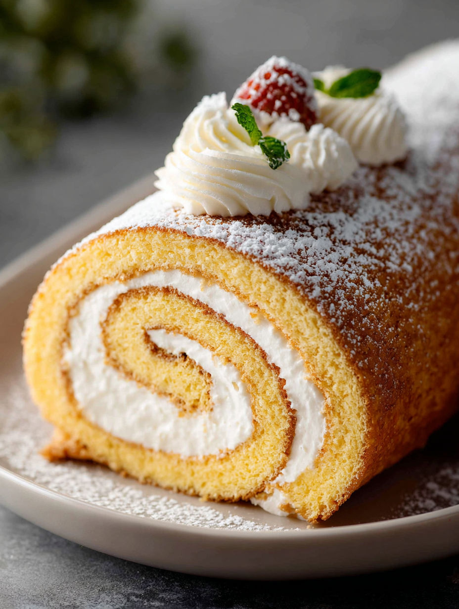 Brazo de gitano de vainilla con crema blanca y fresas encima.