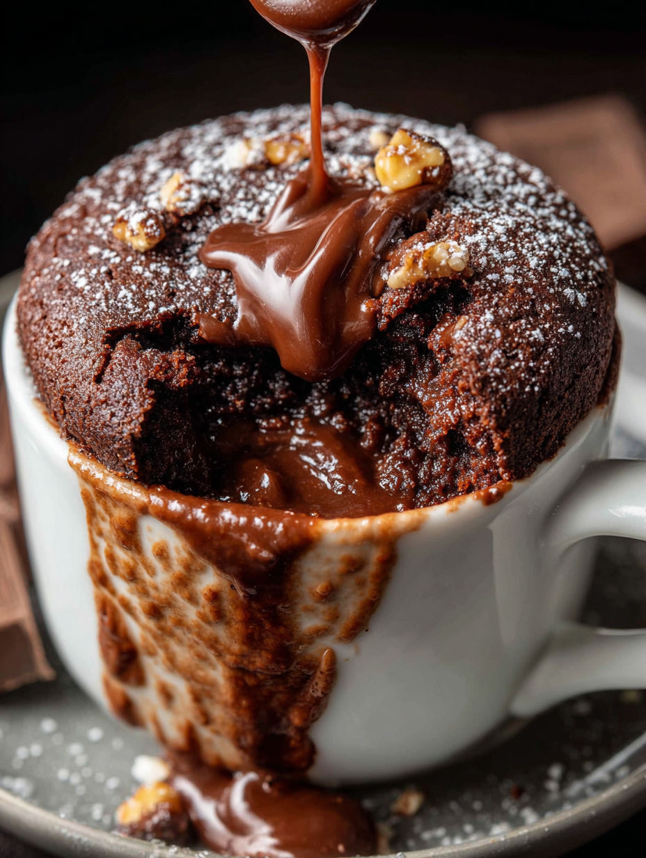 Una taza con pastel de chocolate y Nutella encima.