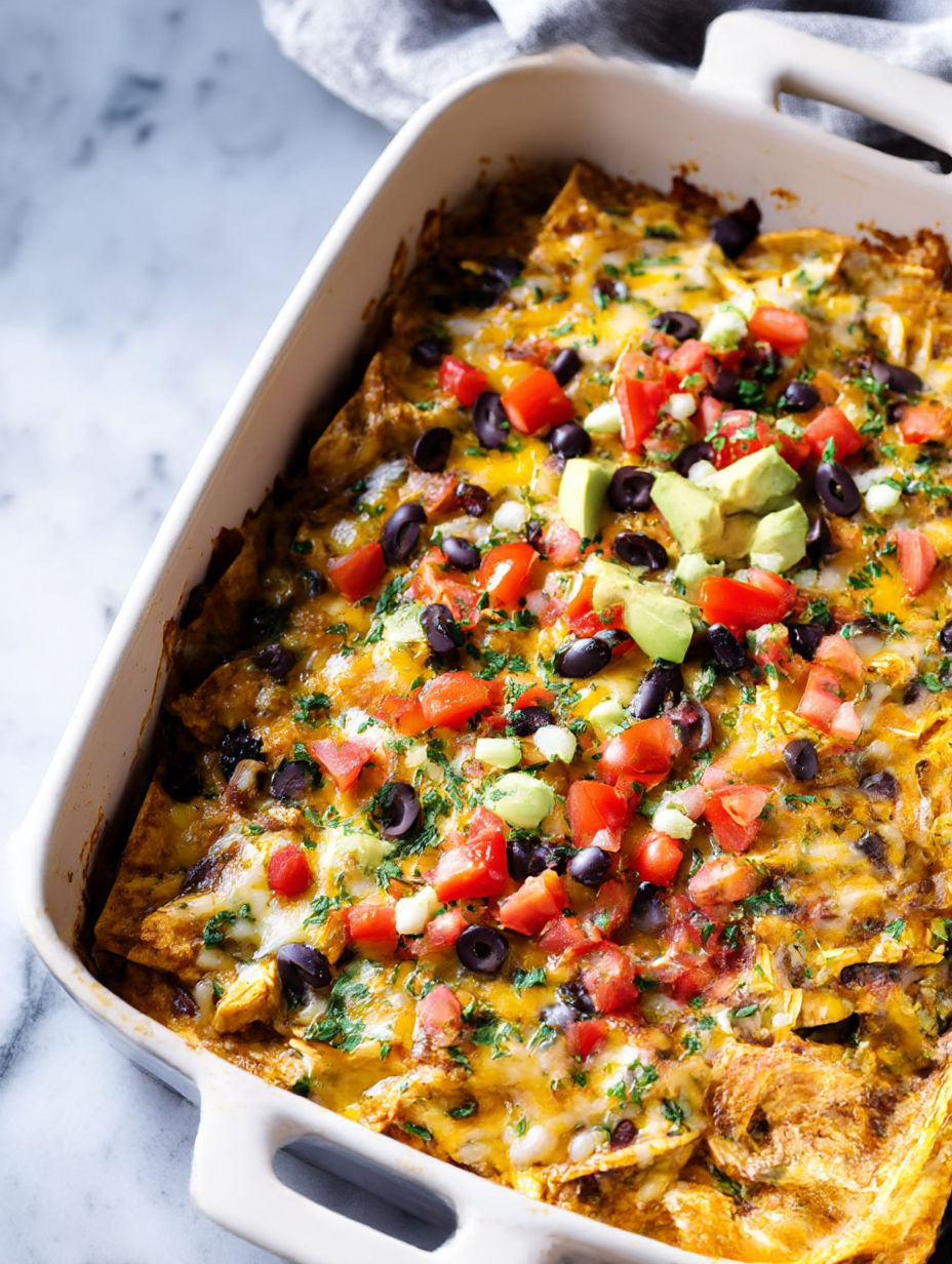 Un plato con cazuela de enchiladas de pollo.