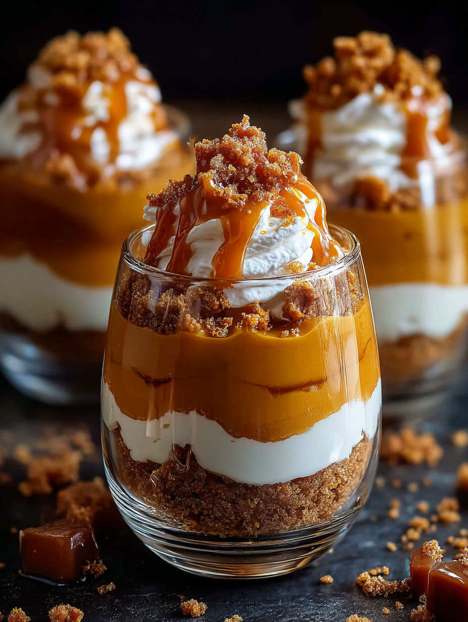 Un vaso con parfait de calabaza y caramelo.