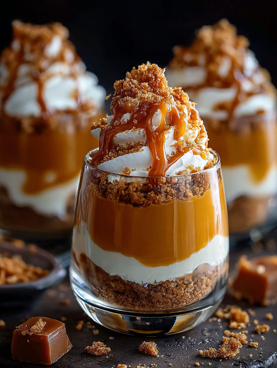 Un postre de calabaza y caramelo en vaso.