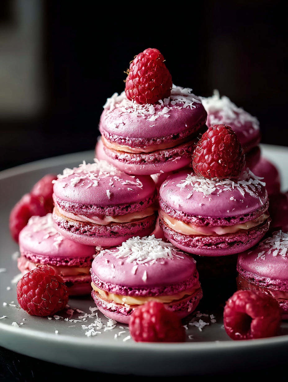 Macarons rosas con azúcar glas blanca y frambuesas encima.