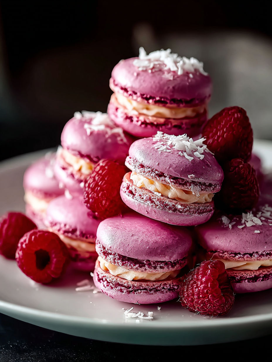 Montón de macarons rosas con coco blanco encima.