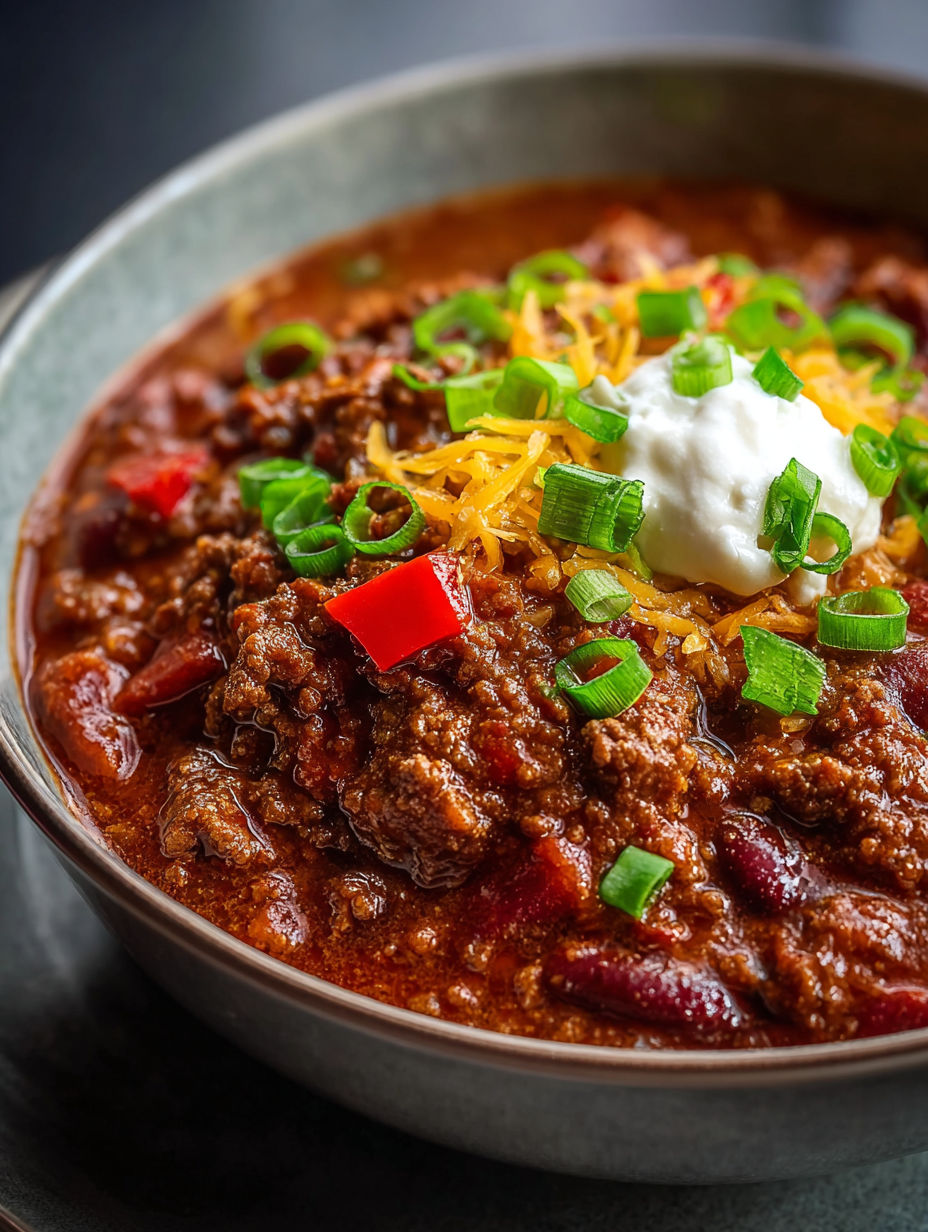 Un tazón de chili con queso y cebolla verde
