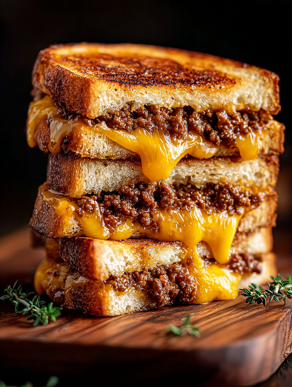 Una torre de sándwiches de queso a la plancha con carne molida.