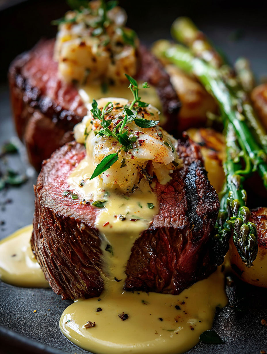 Primer plano de un trozo de carne con salsa encima.