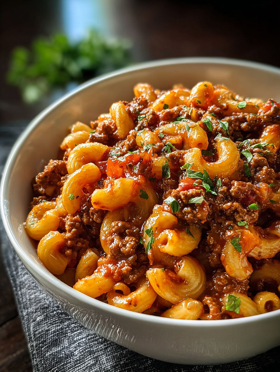 Un tazón de beefaroni con una hierba verde encima.