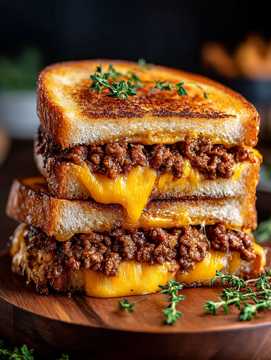 Un sándwich de queso con carne molida.