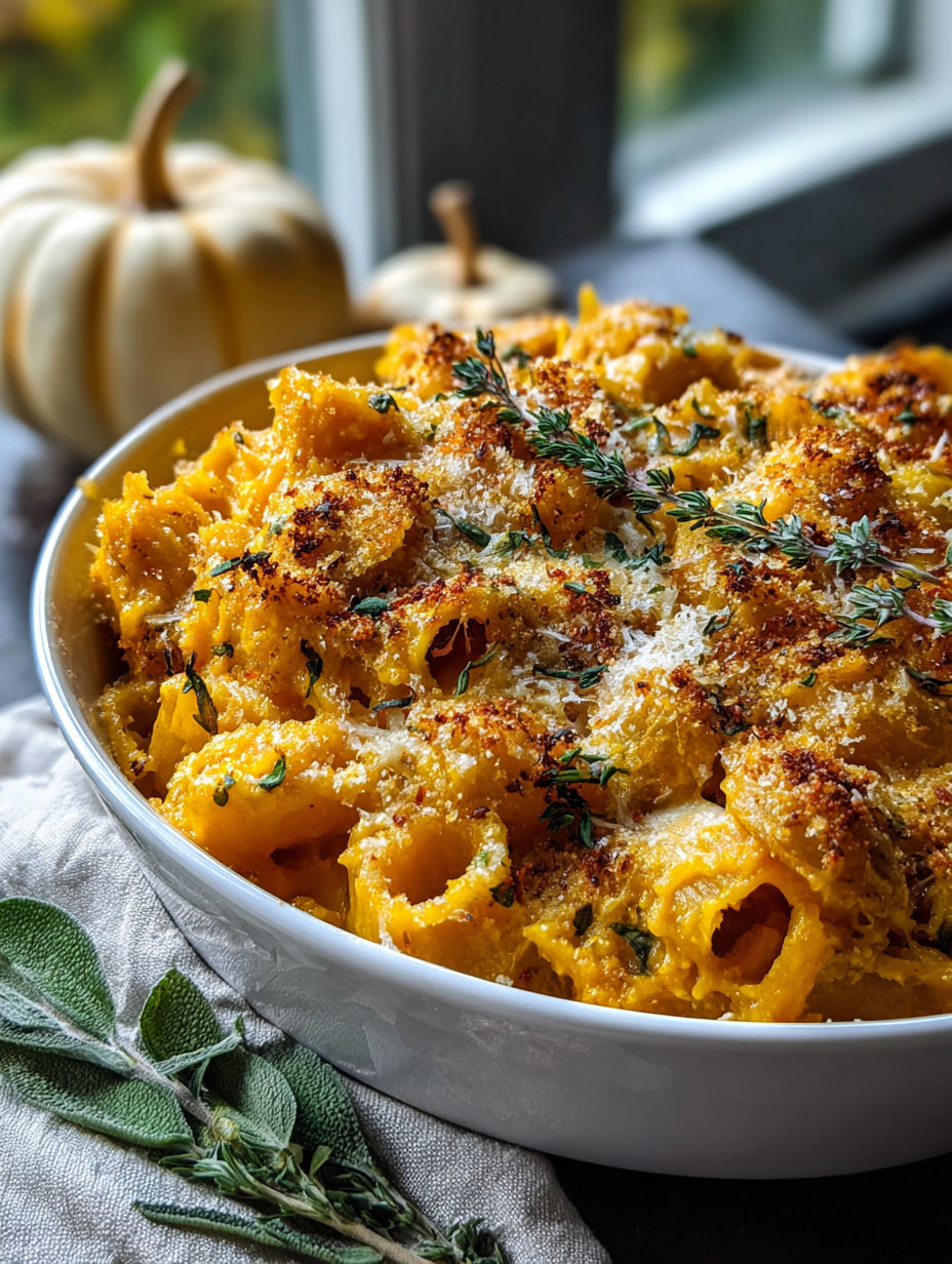 Un plato de pasta con calabaza y queso gratinado.