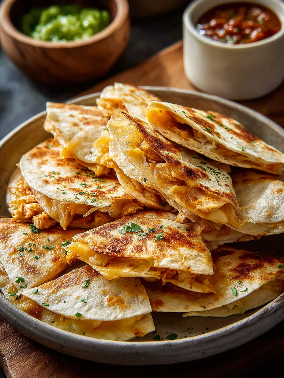 Un plato con mini quesadillas de pollo.