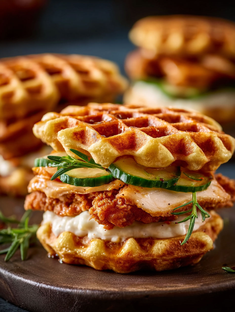 Sliders de pollo y waffles con pepino y queso.