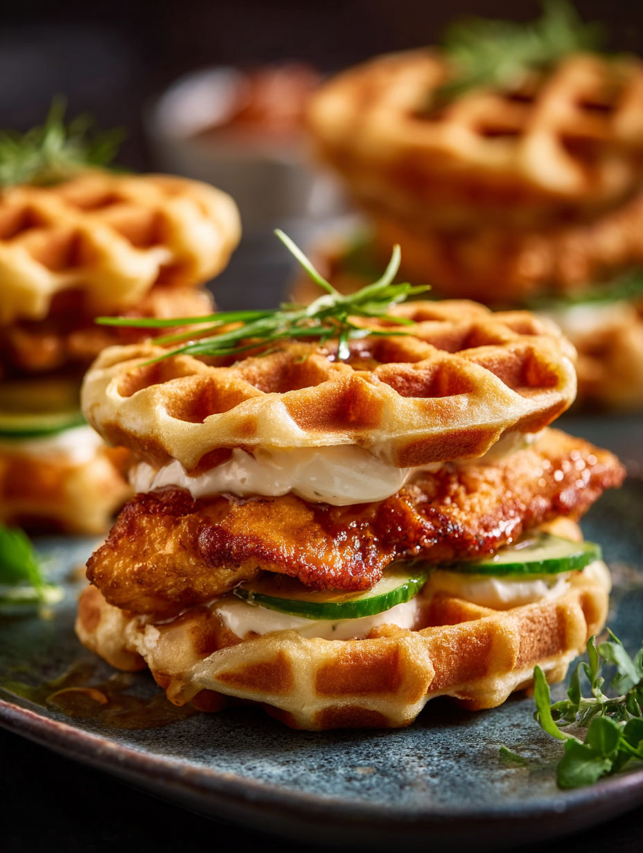 Sliders de pollo y waffles con toppings de pepino y calabacín.
