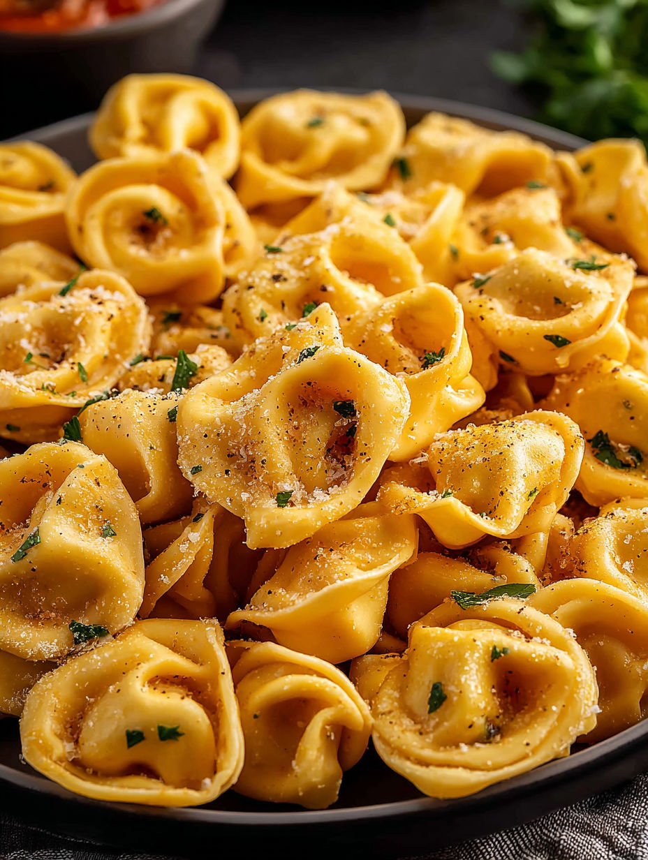 Un bol con bocados crujientes de tortellini con queso.