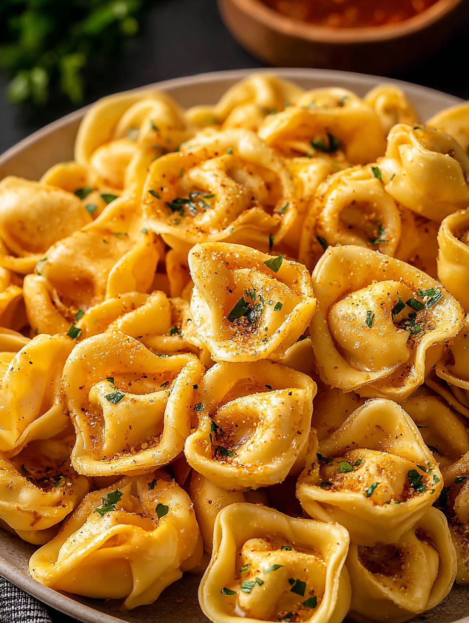 Un bol con bocados crujientes de tortellini con queso.