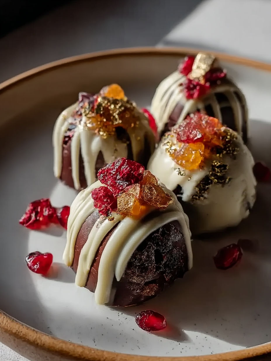 Tres postres de chocolate con hojuelas doradas y frutos rojos.