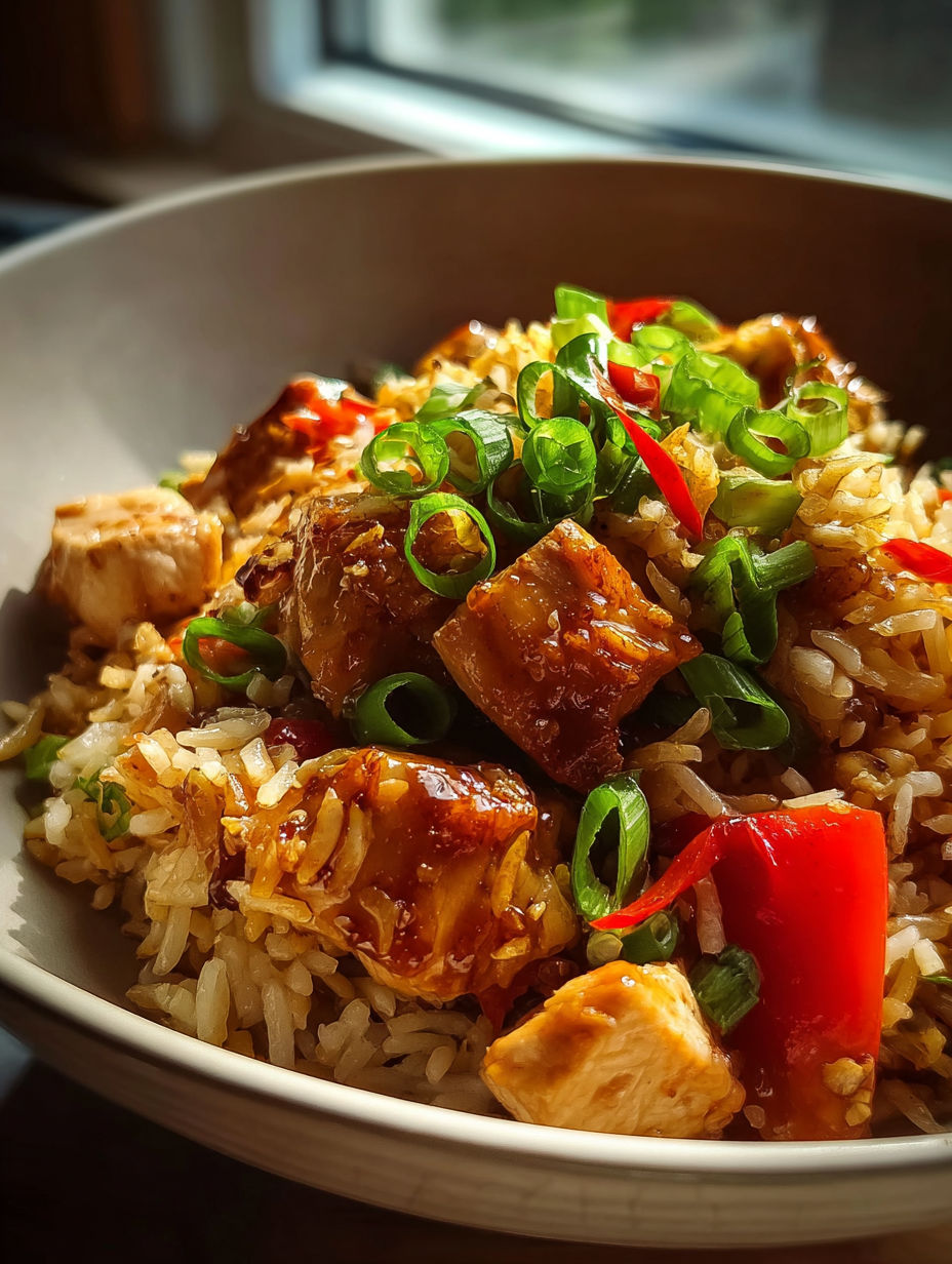 Un bowl de arroz chino con pollo.
