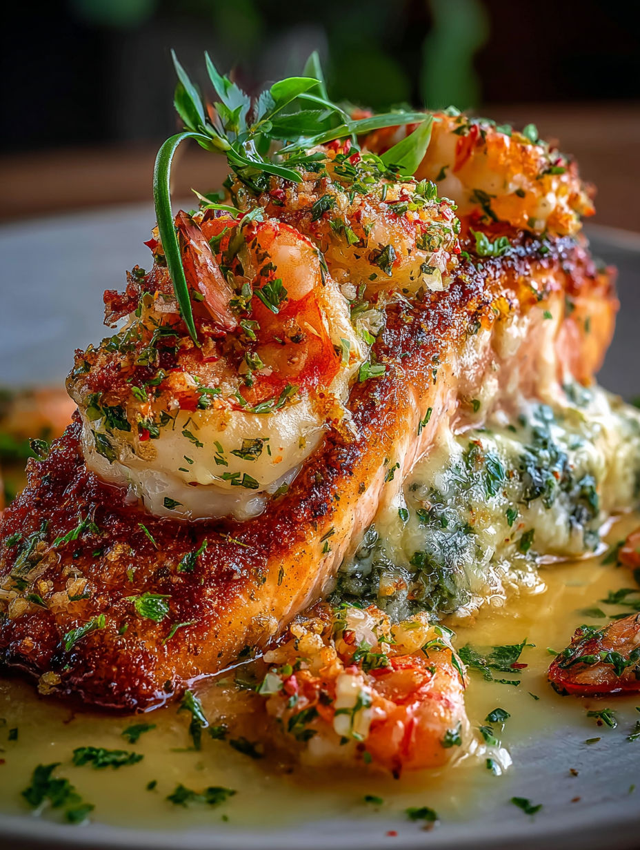 Detalle de pescado cocido con cangrejo y camarón encima.