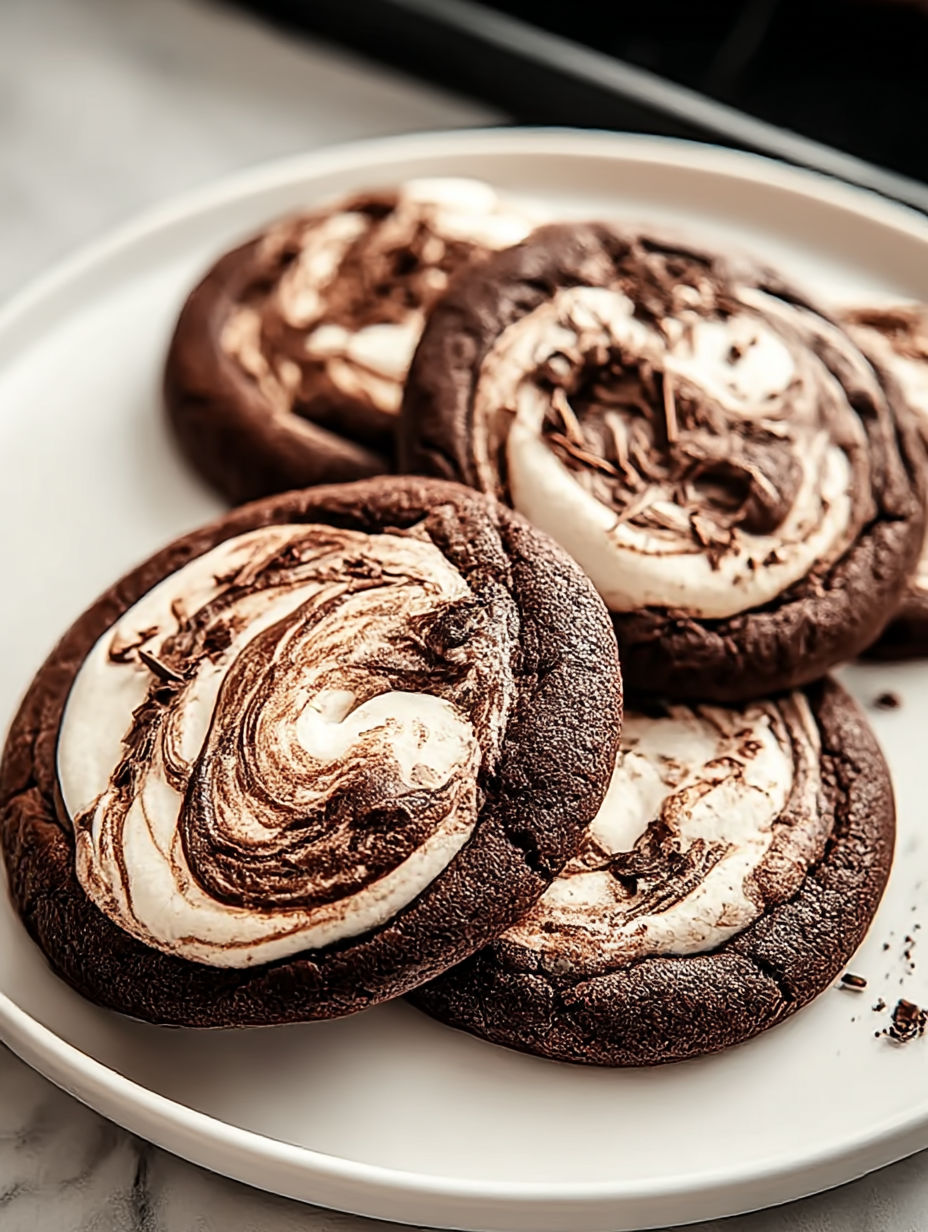Un plato lleno de galletas con remolinos de chocolate y malvavisco.