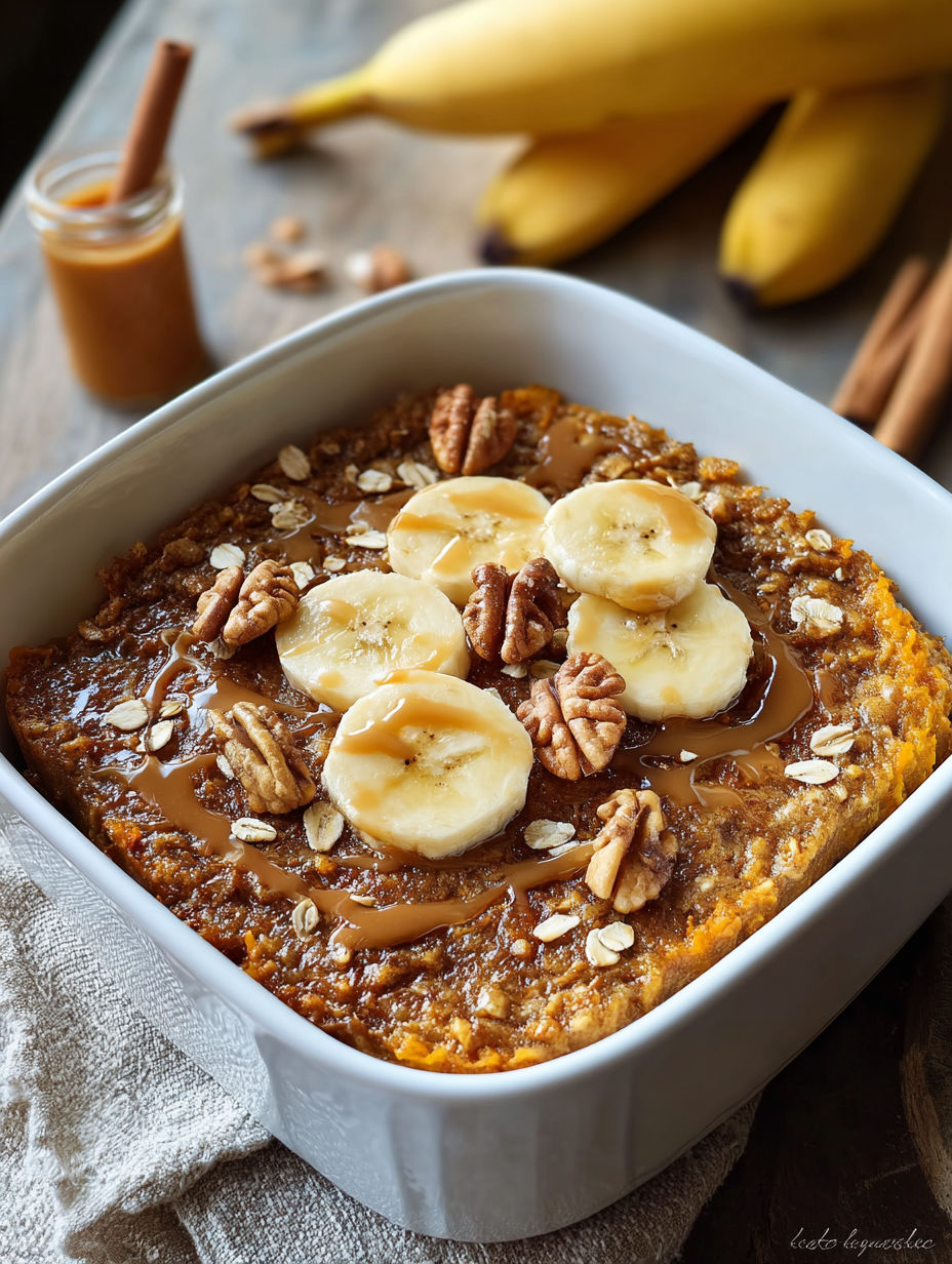 Un tazón de avena horneada con bananas y calabaza.