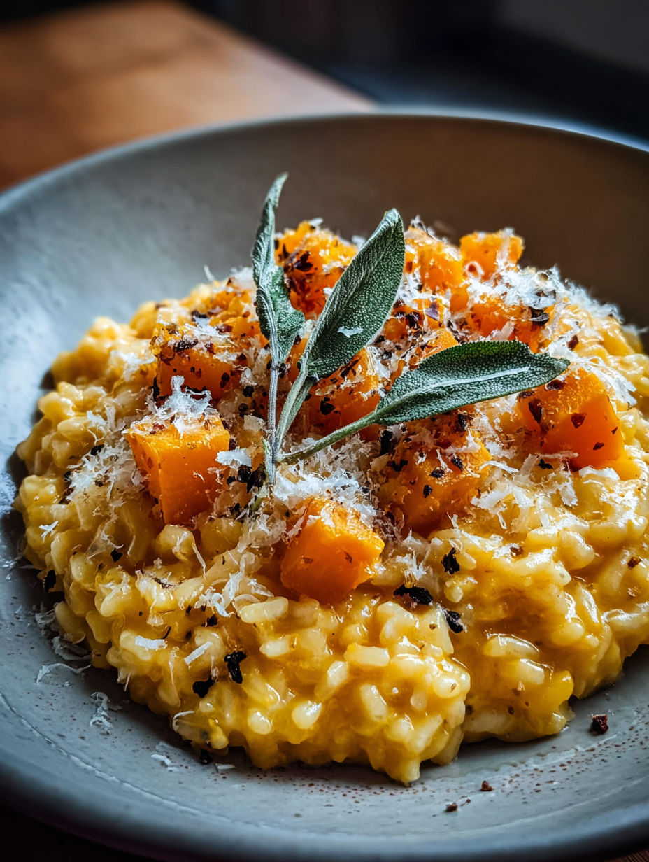 Risotto cremoso de calabaza moscada asada.