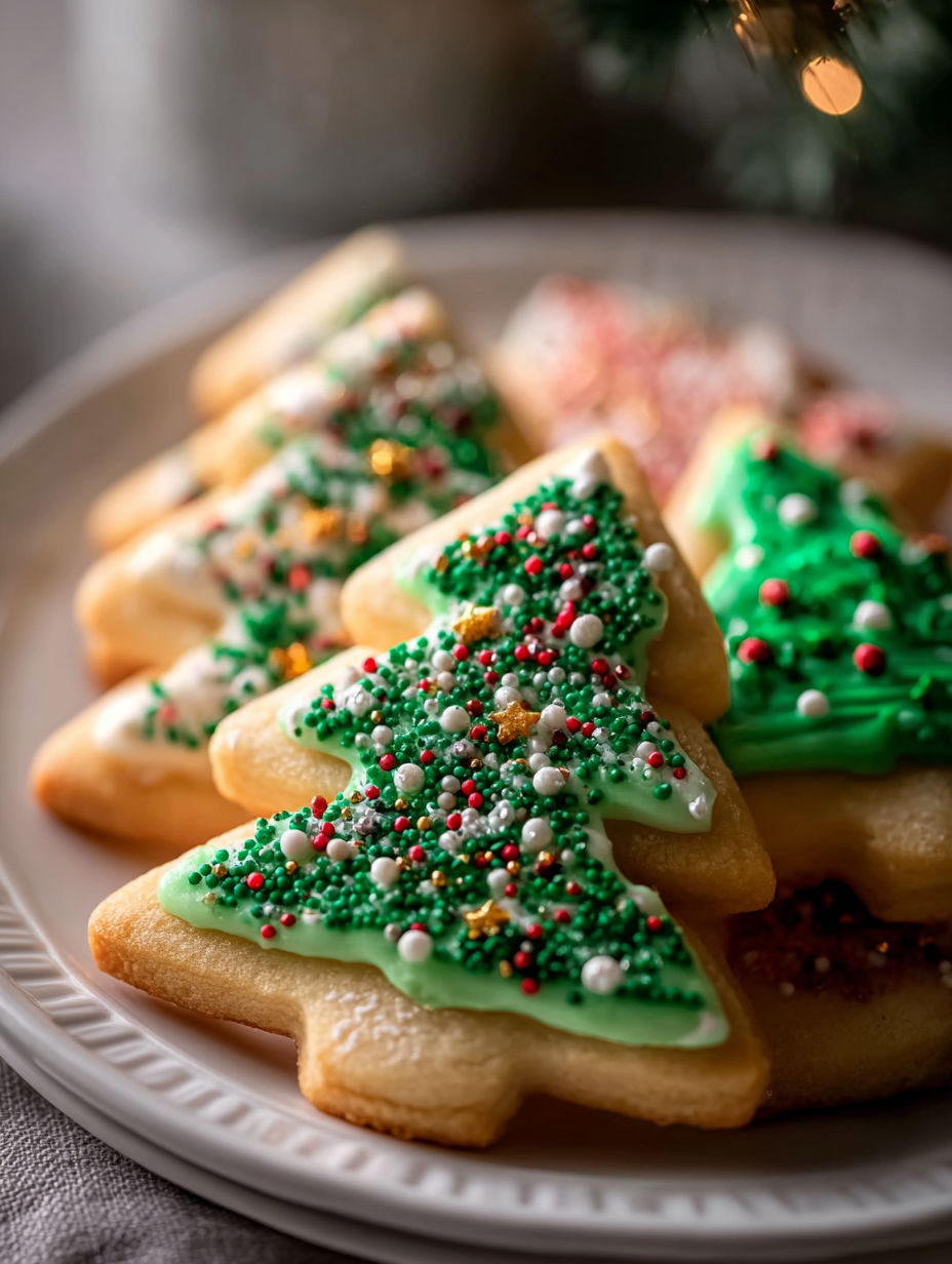Un plato con galletas con forma de árbol navideño.
