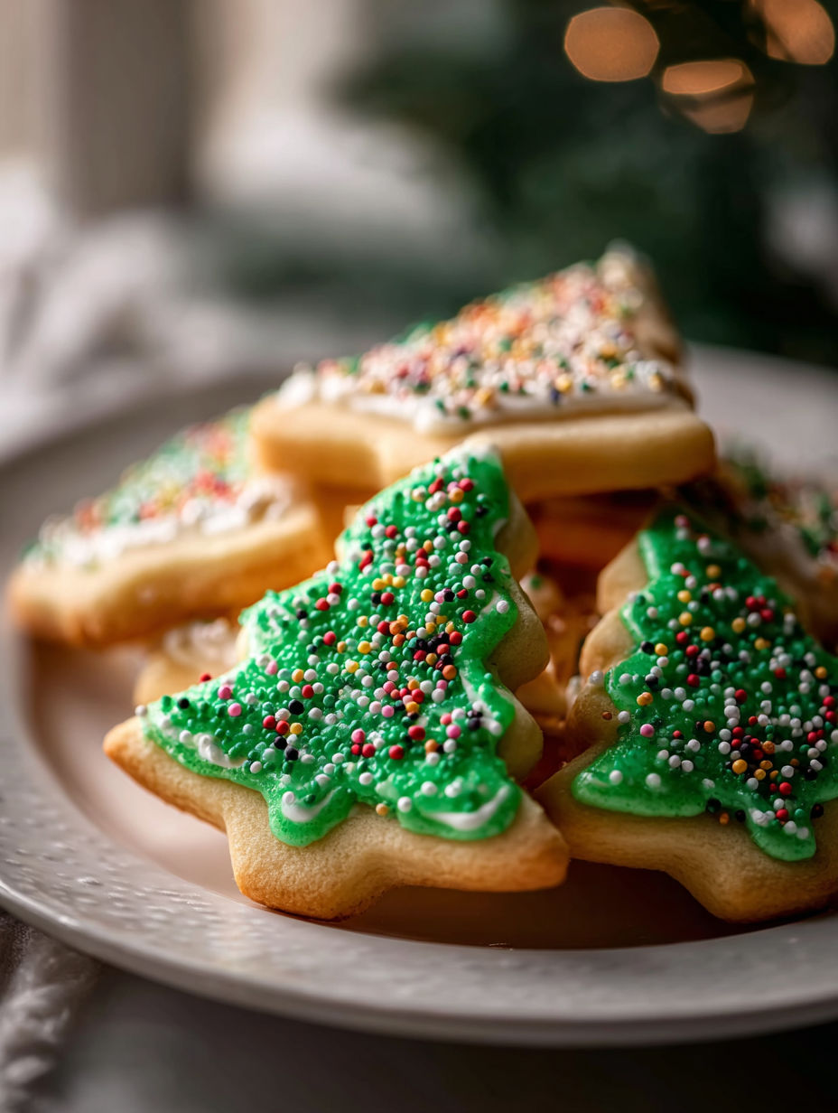 Un plato con galletas en forma de árbol de Navidad.