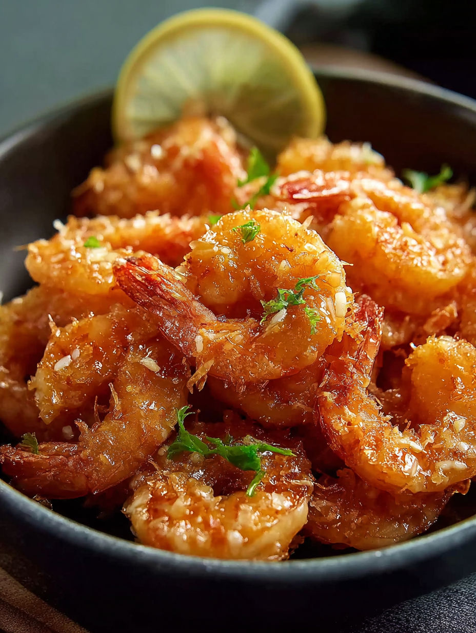 Un tazón de camarones chinos con coco.