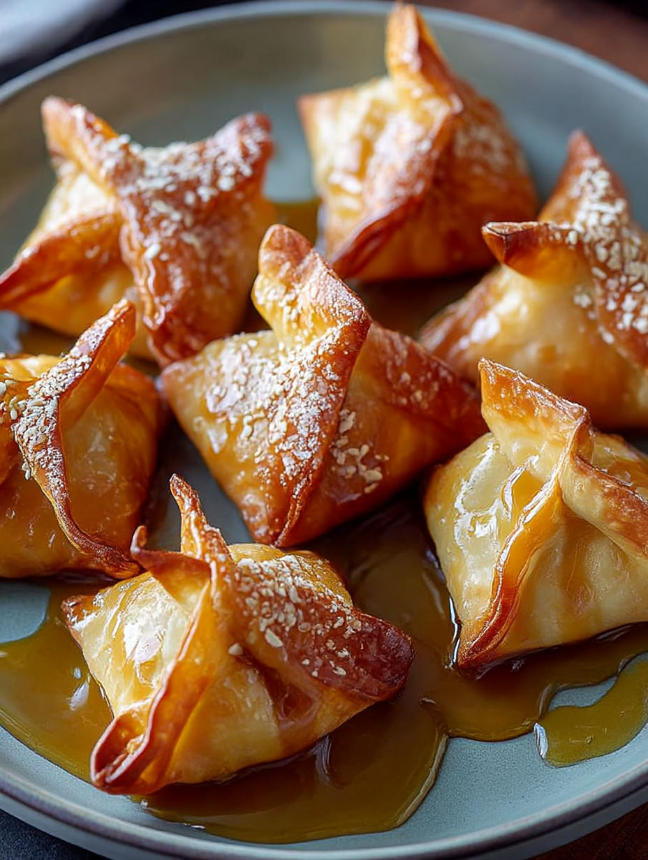 Plato de wontons con manzana y caramelo