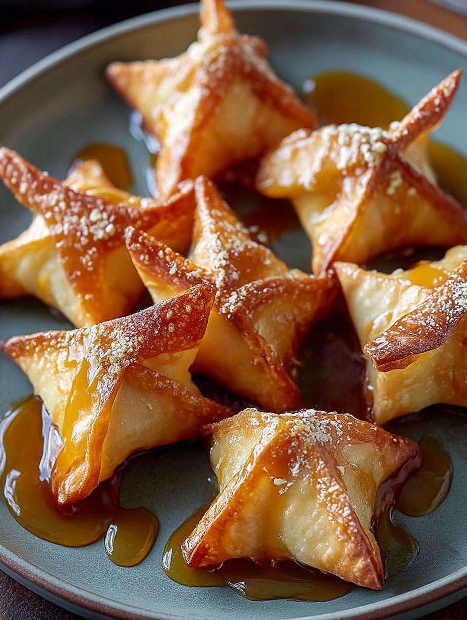 Un plato con wontons de manzana y caramelo.