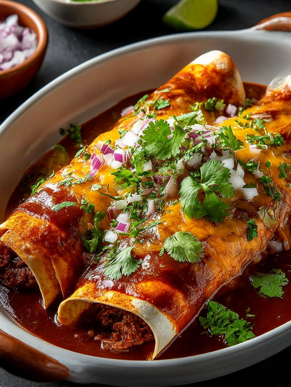 Un plato con un burrito y cebollas.