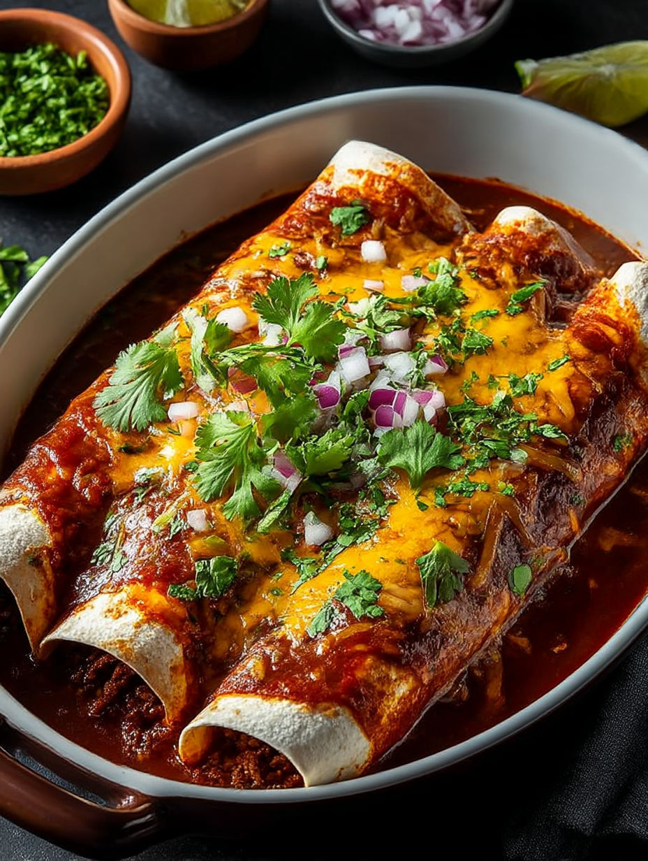 Un plato con un burrito y cebollas.