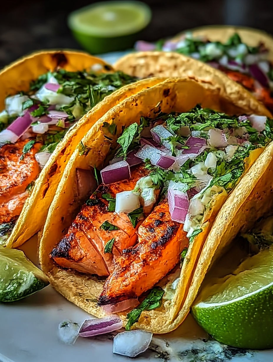 Dos tacos con salmón y lima.