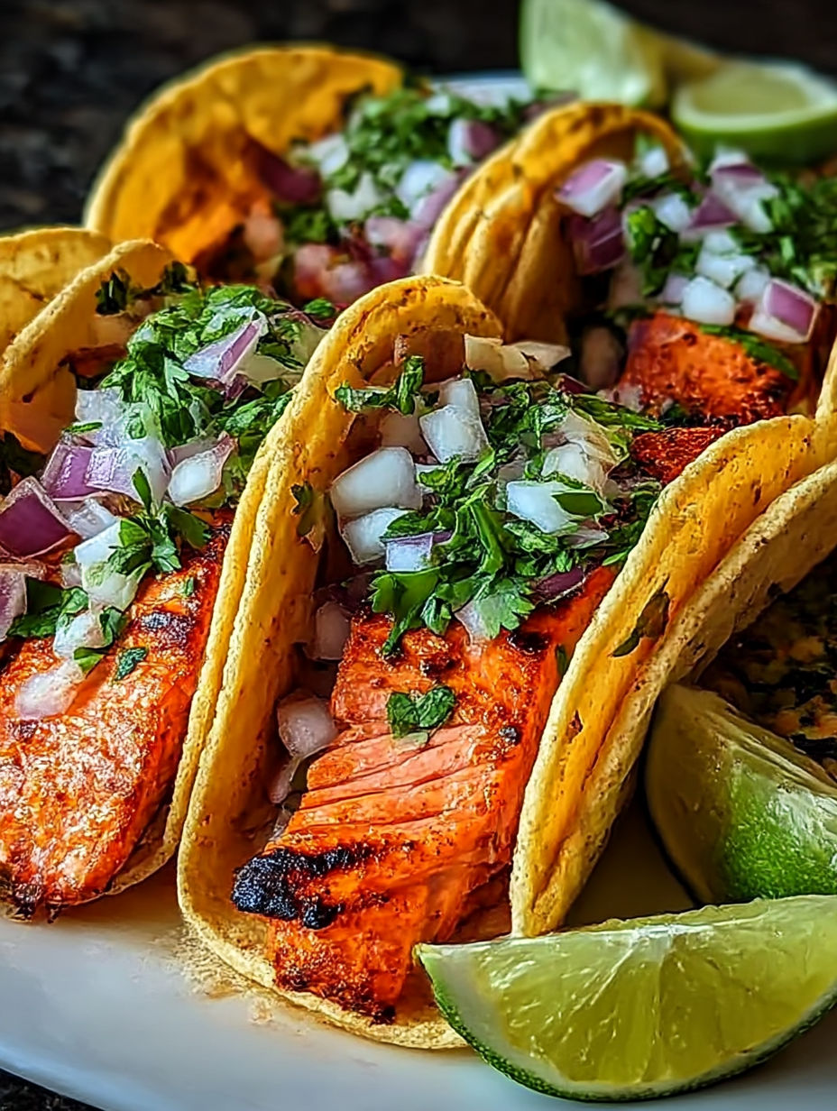 Tacos de salmón con chipotle y lima.