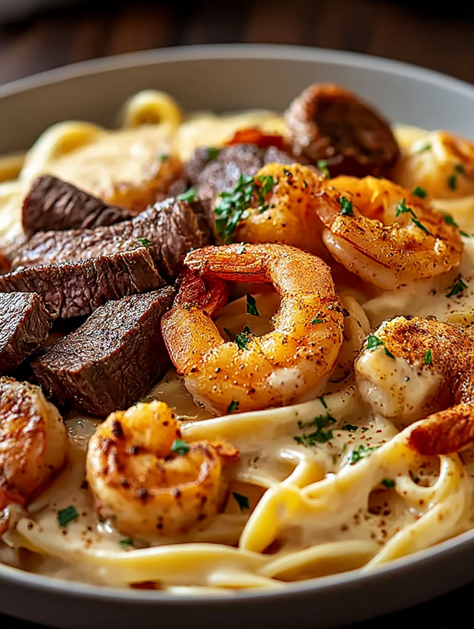 Un plato de pasta Alfredo con camarones y carne al estilo Cajún.