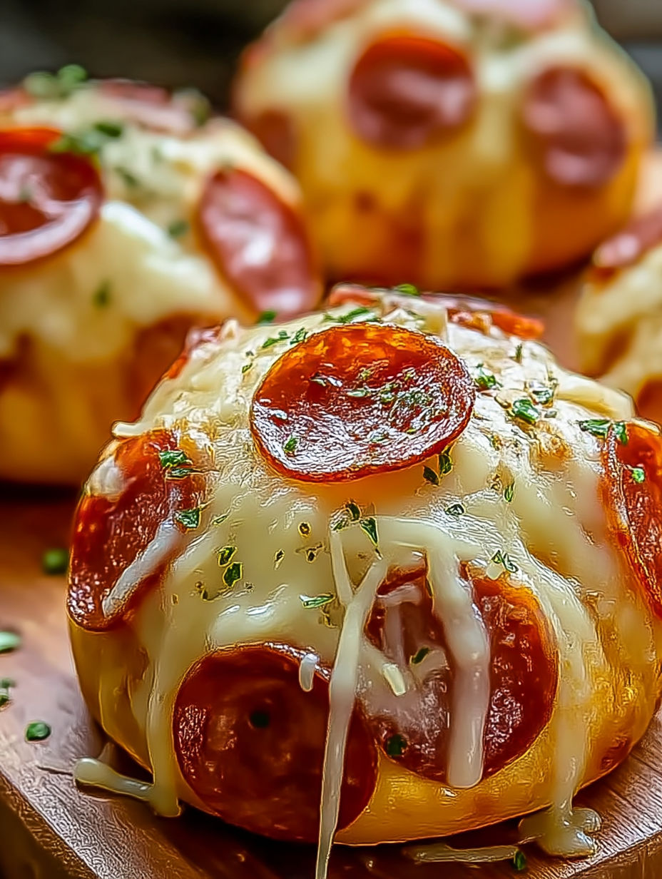 Bombas de pizza con pepperoni y queso sobre una mesa de madera.